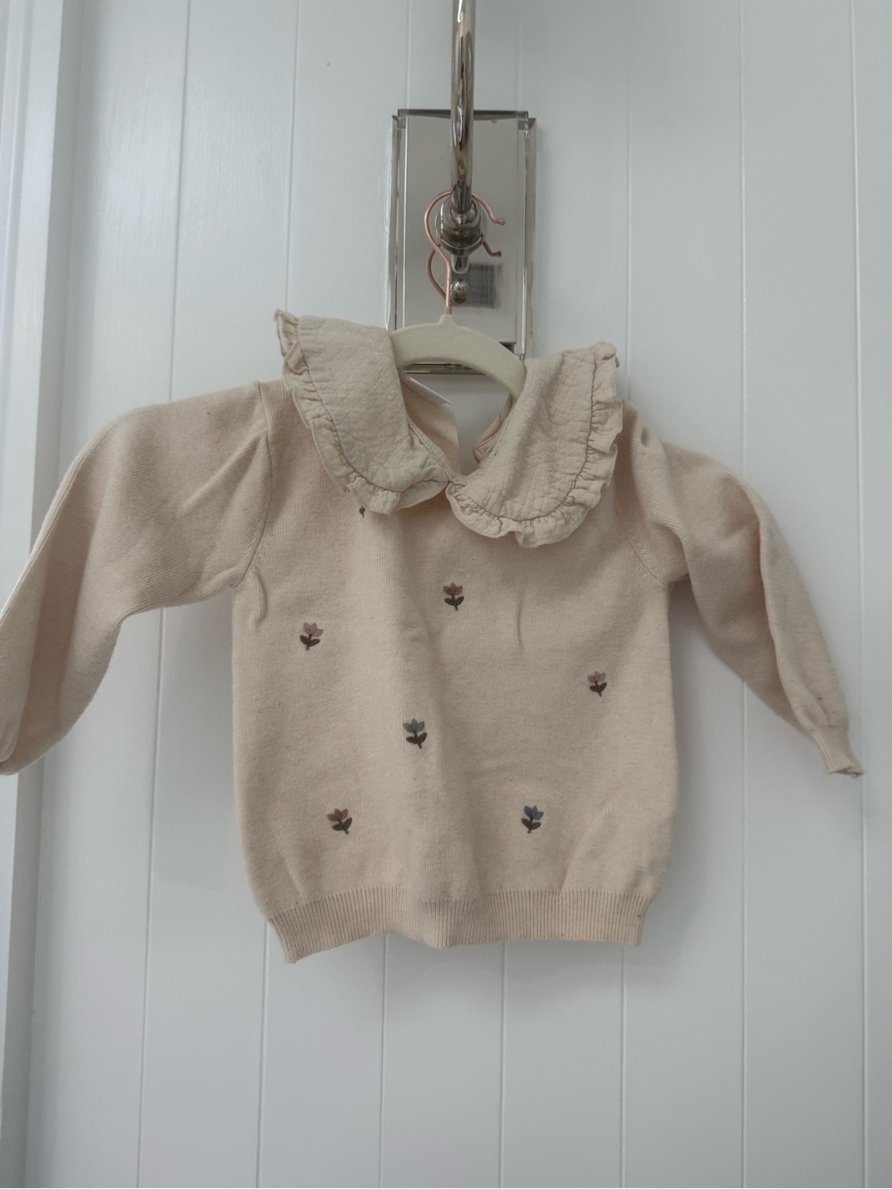 Zara Cream Ruffle Collar Sweater with Tiny Floral Embroidery